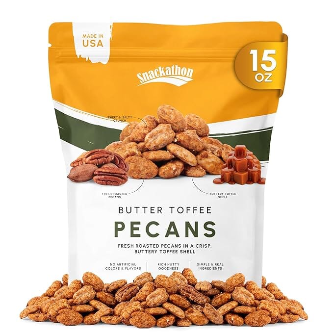 Snackathon Butter Toffee Pecans, Gourmet Glazed Pecans in Resealable Bag, All-Natural Sweet & Crunchy Toffee Coated Snack, Made in USA, Great for Gifting & Charcuterie Boards Snackathon Foods Butter Toffee Pecans 15 Ounce 