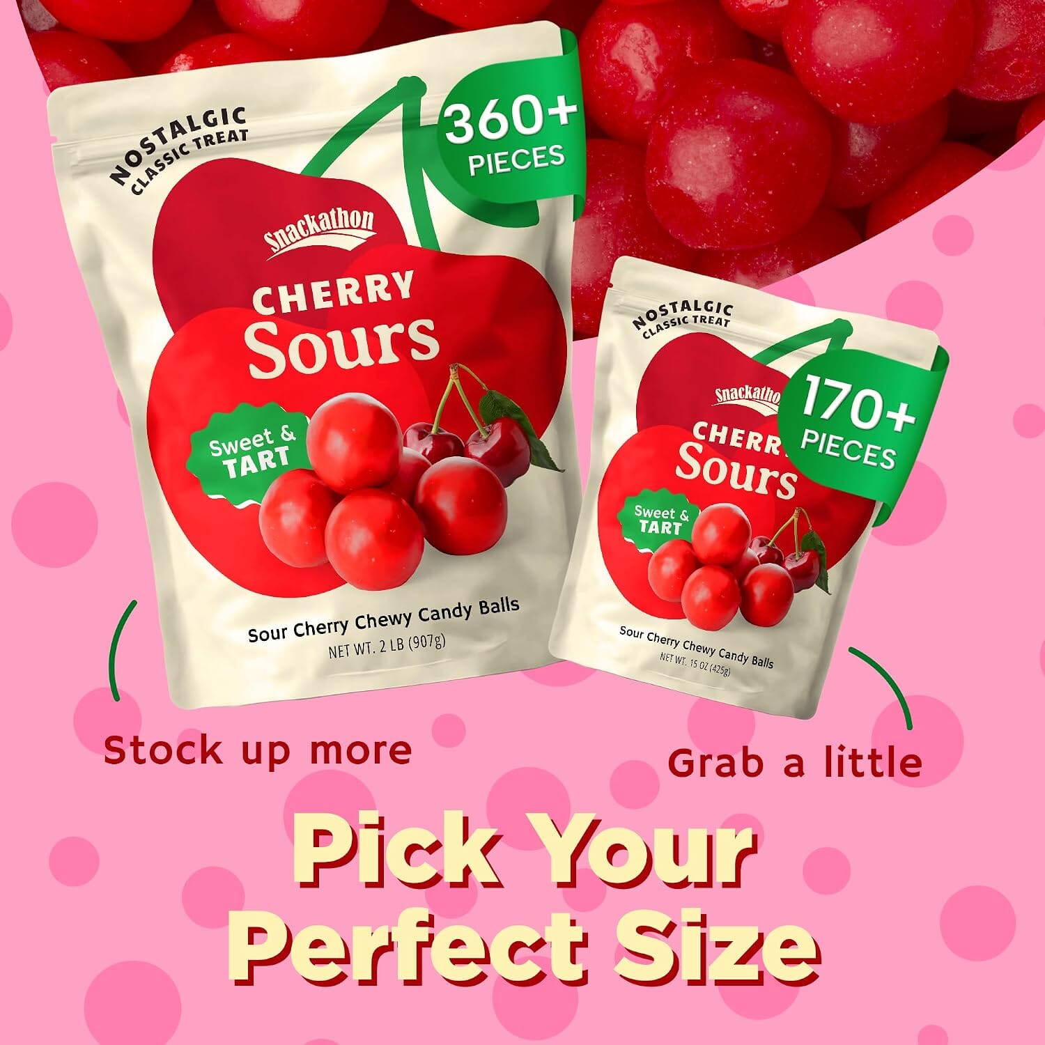 Snackathon Cherry Sours Candy, Bulk Old Fashioned Chewy Sour Cherry Balls, Retro Sweet & Tart Red Jelly Candy, Resealable Snack Bag Snackathon 