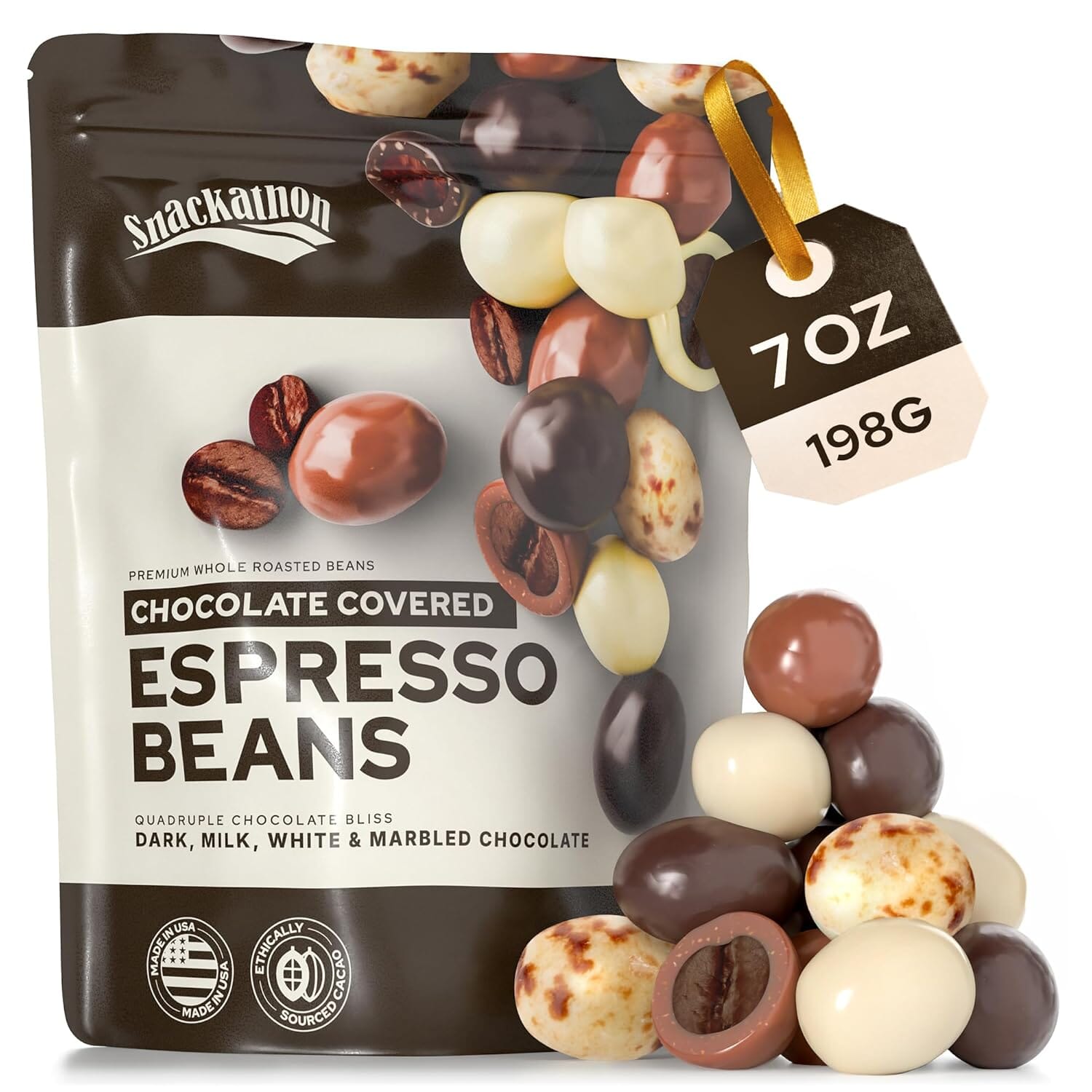 Snackathon Chocolate Covered Espresso Beans, 4 Chocolate Blend, 7 Ounce Pouch Snackathon 