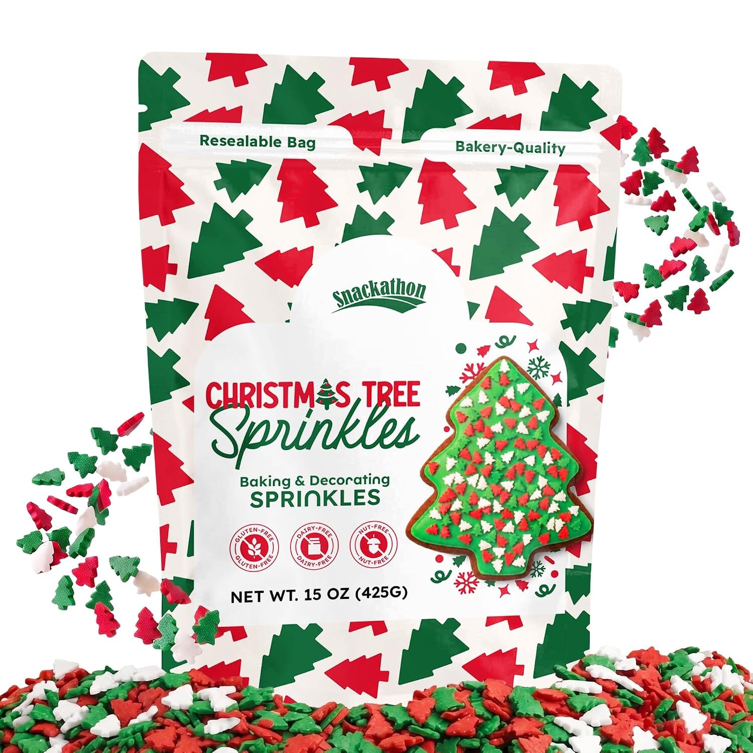 Snackathon Christmas Tree Sprinkles, Bulk Holiday Decor Sprinkles Festive Red, Green & White Tree Confetti Sprinkles, Gluten Free, For Holiday Baking Decorations, Cookie & Cupcake Toppers Snackathon Christmas Trees 15 Ounce 