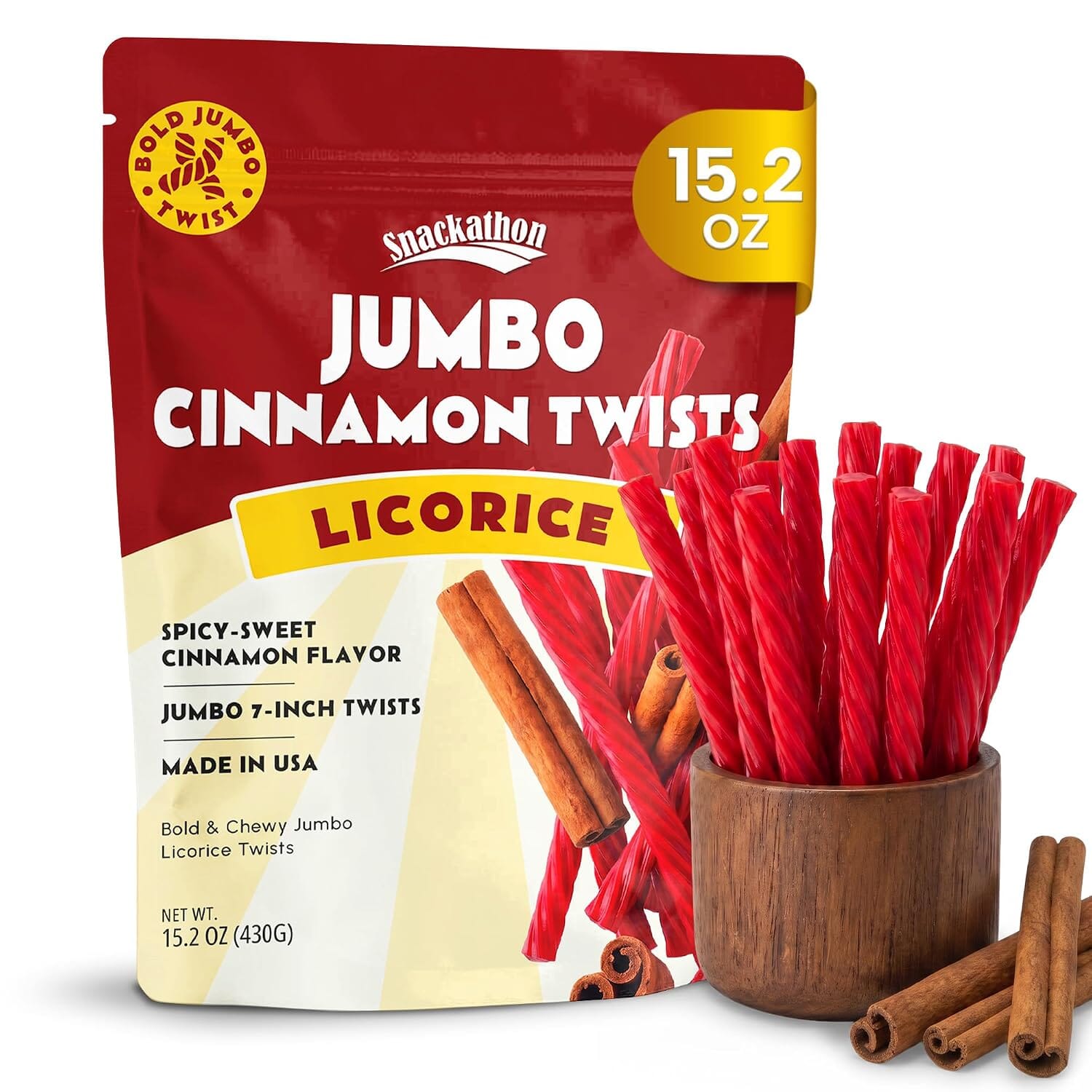 Snackathon Cinnamon Licorice Twists, 15.2 oz, Jumbo Chewy Licorice Candy, 7-inch Red Licorice Sticks, Warm Cinnamon Flavor, Old Fashioned Licorice Candy Ropes, Made in USA, Resealable Bag Snackathon Jumbo Cinnamon 15.2 Ounce 