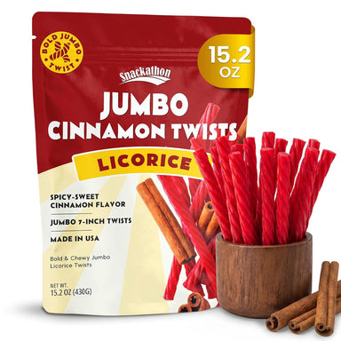 Snackathon Cinnamon Licorice Twists, 15.2 oz, Jumbo Chewy Licorice Candy, 7-inch Red Licorice Sticks, Warm Cinnamon Flavor, Old Fashioned Licorice Candy Ropes, Made in USA, Resealable Bag Snackathon Jumbo Cinnamon 15.2 Ounce 