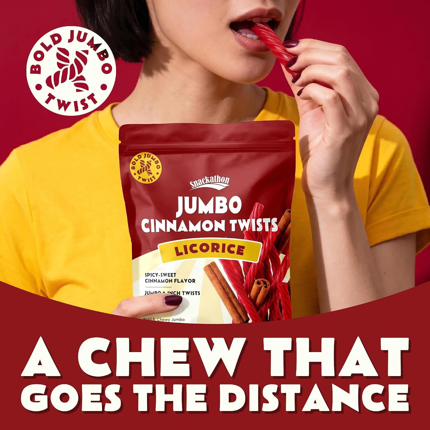 Snackathon Cinnamon Licorice Twists, 15.2 oz, Jumbo Chewy Licorice Candy, 7-inch Red Licorice Sticks, Warm Cinnamon Flavor, Old Fashioned Licorice Candy Ropes, Made in USA, Resealable Bag Snackathon 