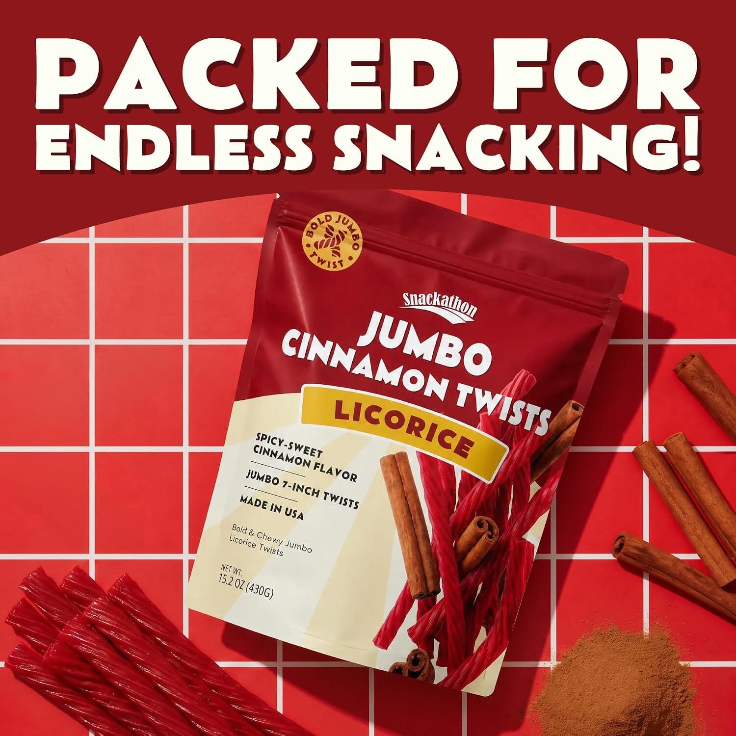 Snackathon Cinnamon Licorice Twists, 15.2 oz, Jumbo Chewy Red Licorice Sticks Snackathon 