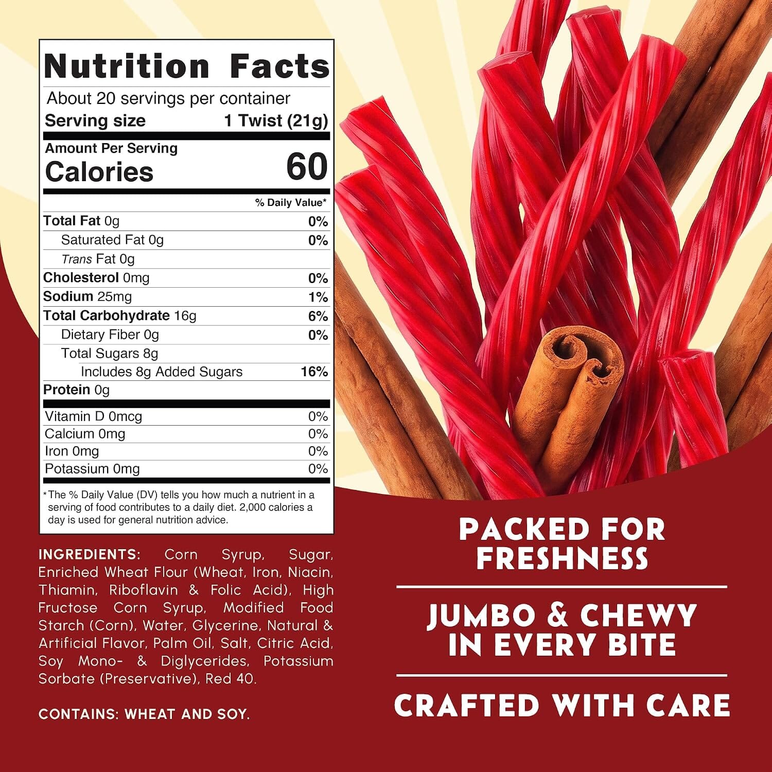 Snackathon Cinnamon Licorice Twists, 15.2 oz, Jumbo Chewy Red Licorice Sticks Snackathon 
