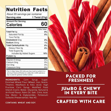 Snackathon Cinnamon Licorice Twists, 15.2 oz, Jumbo Chewy Red Licorice Sticks Snackathon 