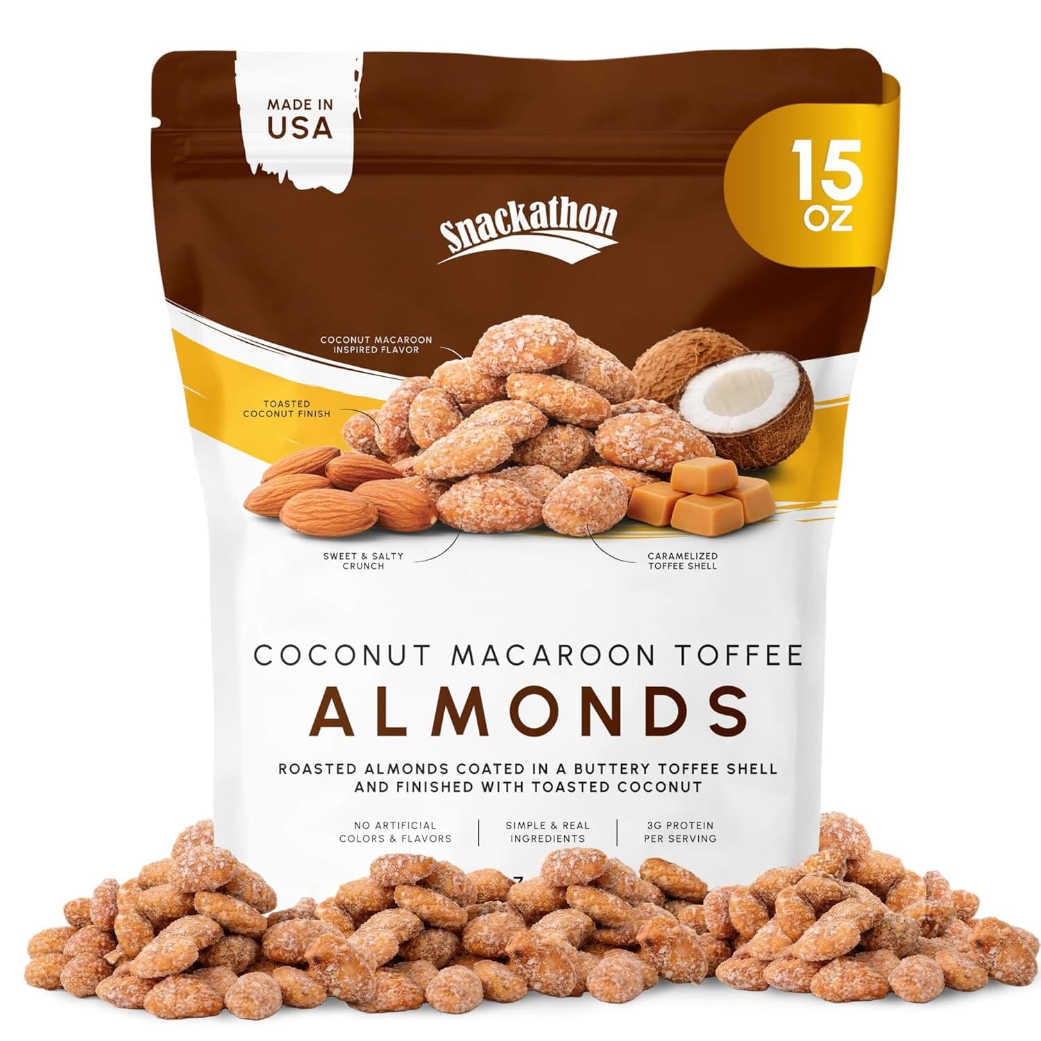 Snackathon Coconut Macaroon Toffee Almonds, Resealable Bag Snackathon 15 Ounce 