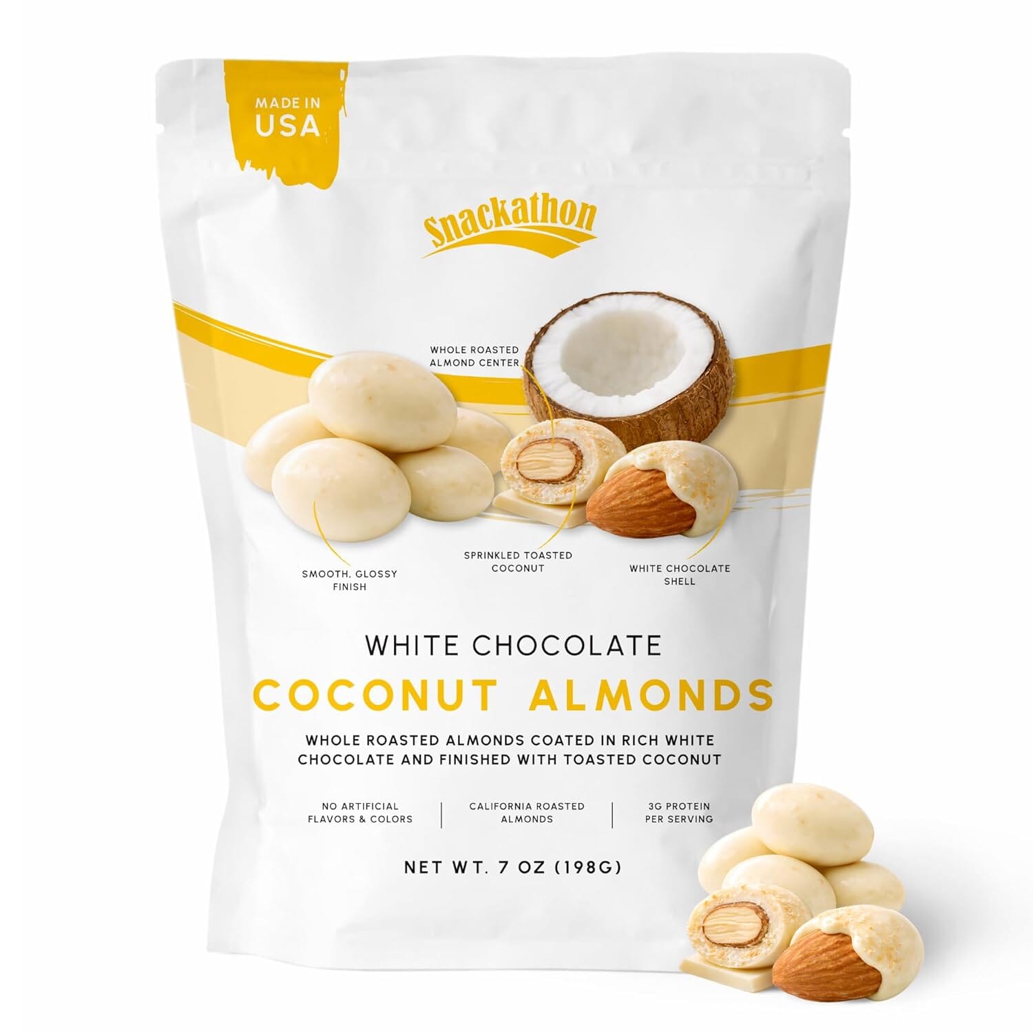 Snackathon Coconut White Chocolate Covered Almonds - Made in USA Snackathon 
