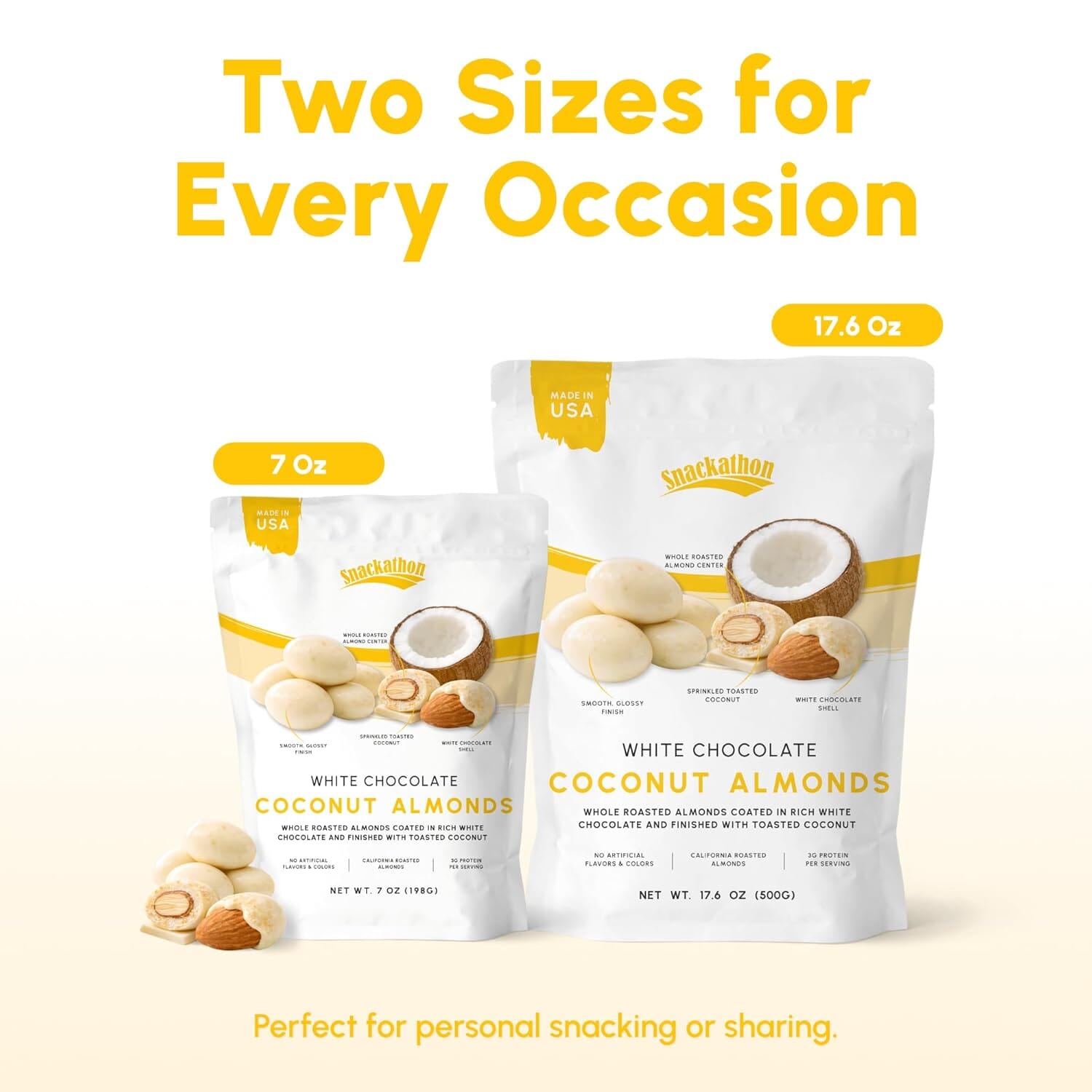 Snackathon Coconut White Chocolate Covered Almonds, Resealable Bag, Whole Roasted Almonds Coated in Creamy White Chocolate and Toasted Coconut, Crunchy Tropical Nut Snack, Made in USA Snackathon 