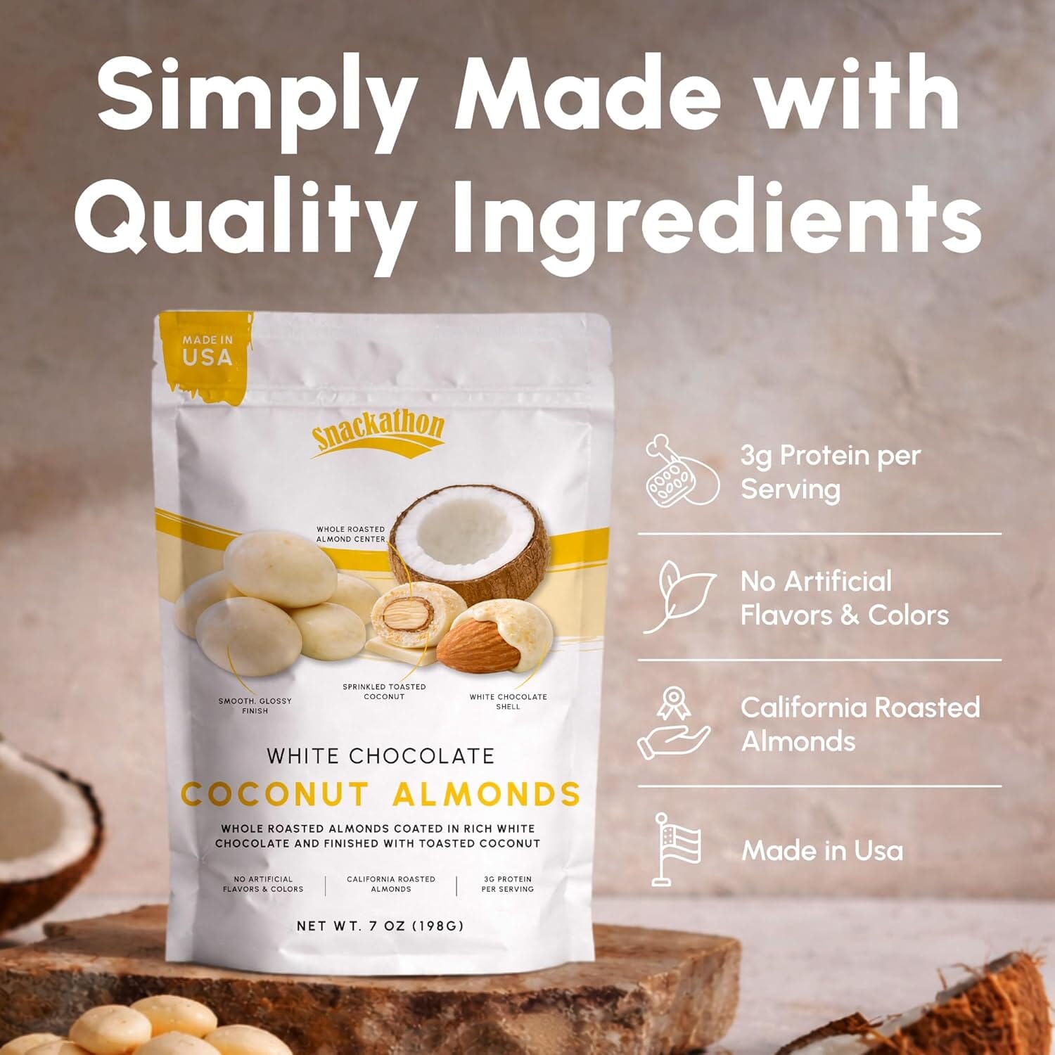 Snackathon Coconut White Chocolate Covered Almonds, Resealable Bag, Whole Roasted Almonds Coated in Creamy White Chocolate and Toasted Coconut, Crunchy Tropical Nut Snack, Made in USA Snackathon 