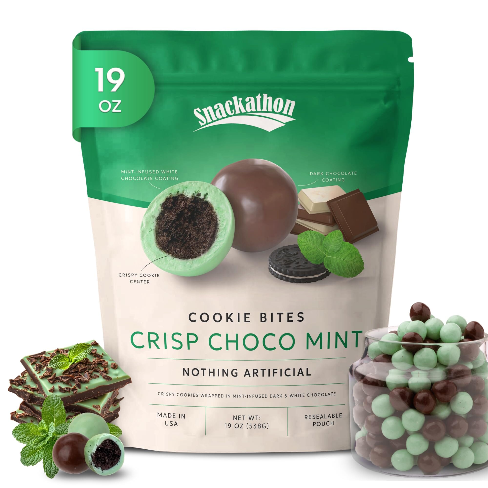 Snackathon Crisp Choco Mint Cookie Bites, Mint White and Dark Chocolate Covered Cookie Bite Snackathon Foods Crisp Choco Mint 19 Ounce 