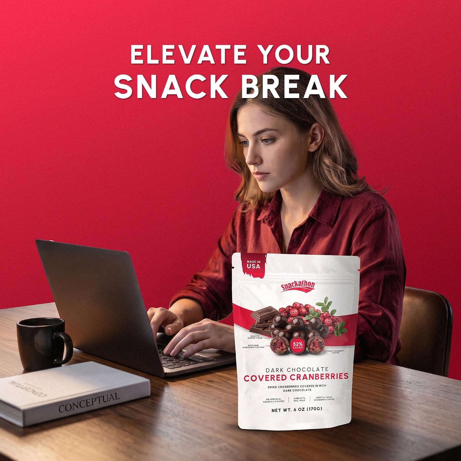 Snackathon Dark Chocolate Covered Cranberries, Chocolate Fruit Snack Gourmet Cranberry Treats Coated in 52% Cacao Dark Chocolate, Resealable Bag for Snacking, Trail Mix & Yogurt, Made in USA Snackathon 