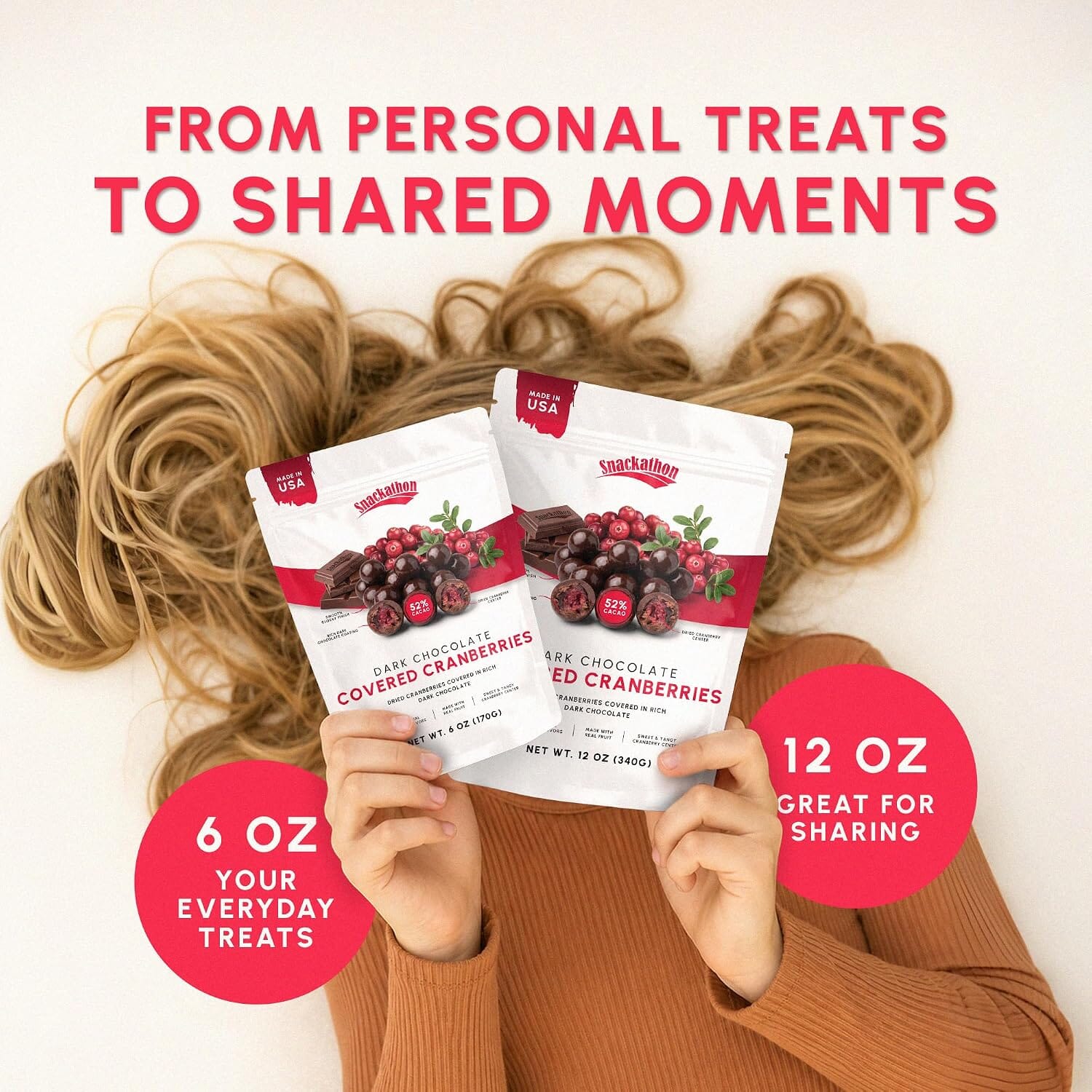 Snackathon Dark Chocolate Covered Cranberries, Chocolate Fruit Snack Gourmet Cranberry Treats Coated in 52% Cacao Dark Chocolate, Resealable Bag for Snacking, Trail Mix & Yogurt, Made in USA Snackathon 