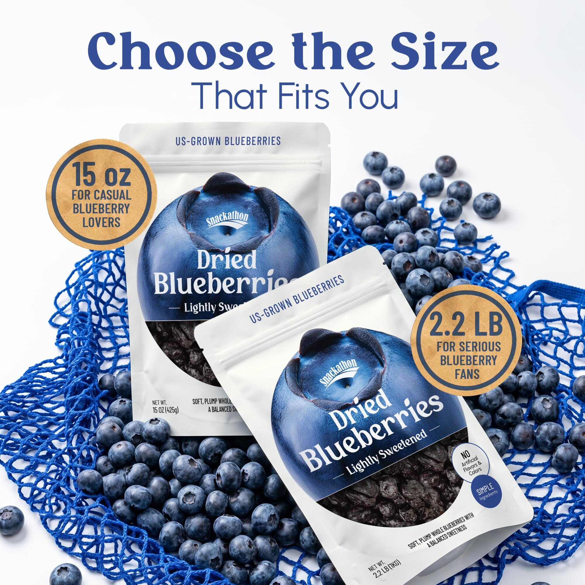 Snackathon Dried Blueberries, Lightly Sweetened, Soft & Plump Whole Berries, US-Grown, Gluten-Free, Non-GMO, No Sulfites, Dried Fruit for Snacking, Baking & Toppings Snackathon 