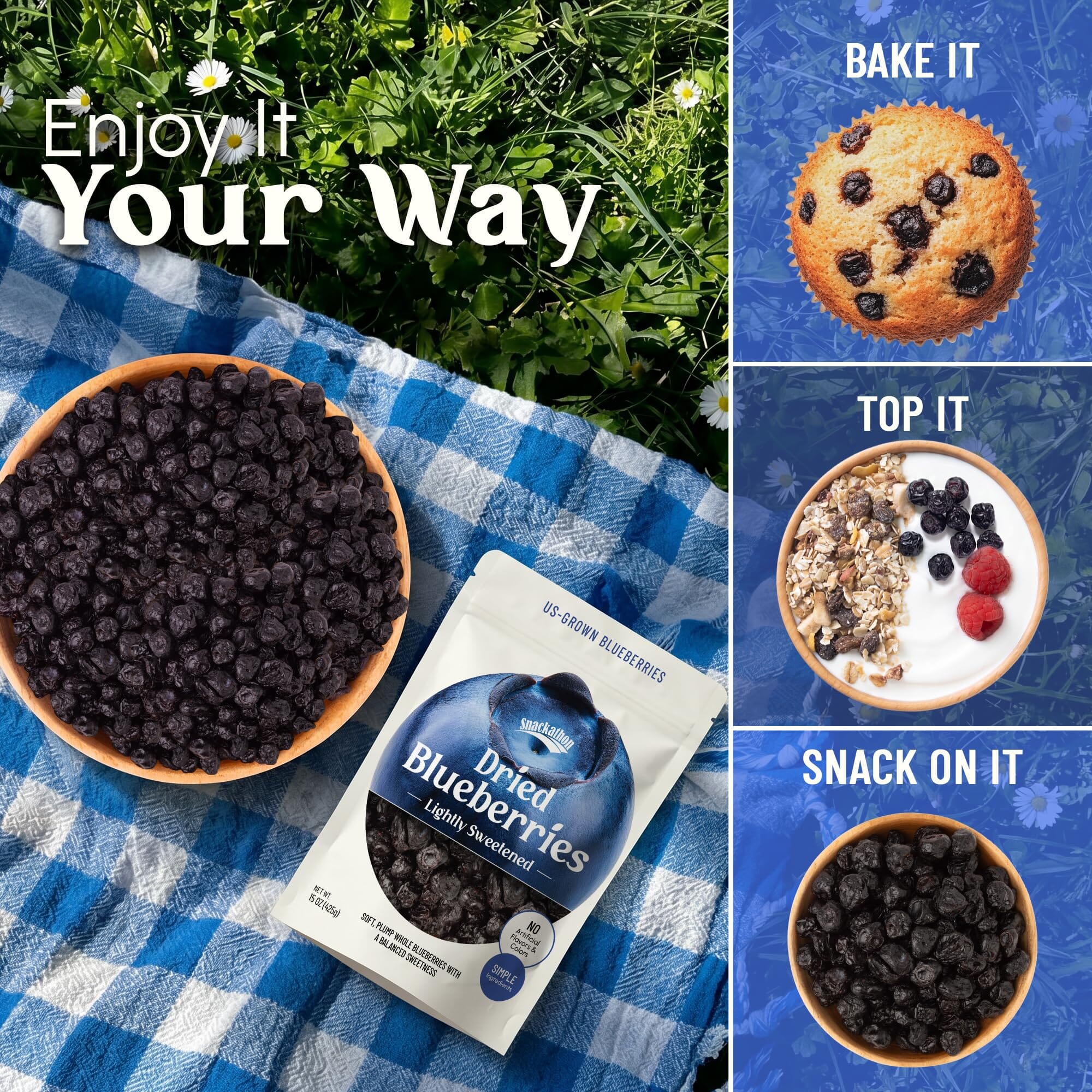 Snackathon Dried Blueberries, Lightly Sweetened, Soft & Plump Whole Berries, US-Grown, Gluten-Free, Non-GMO, No Sulfites, Dried Fruit for Snacking, Baking & Toppings Snackathon 