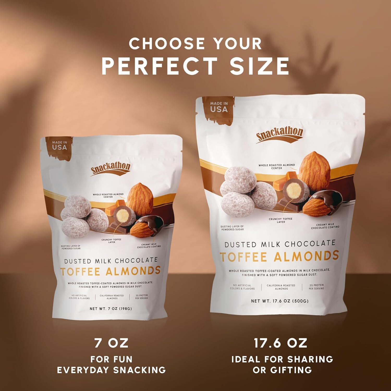 Snackathon Dusted Toffee Milk Chocolate Covered Almonds, 17.6 oz Resealable Bag Snackathon Foods 