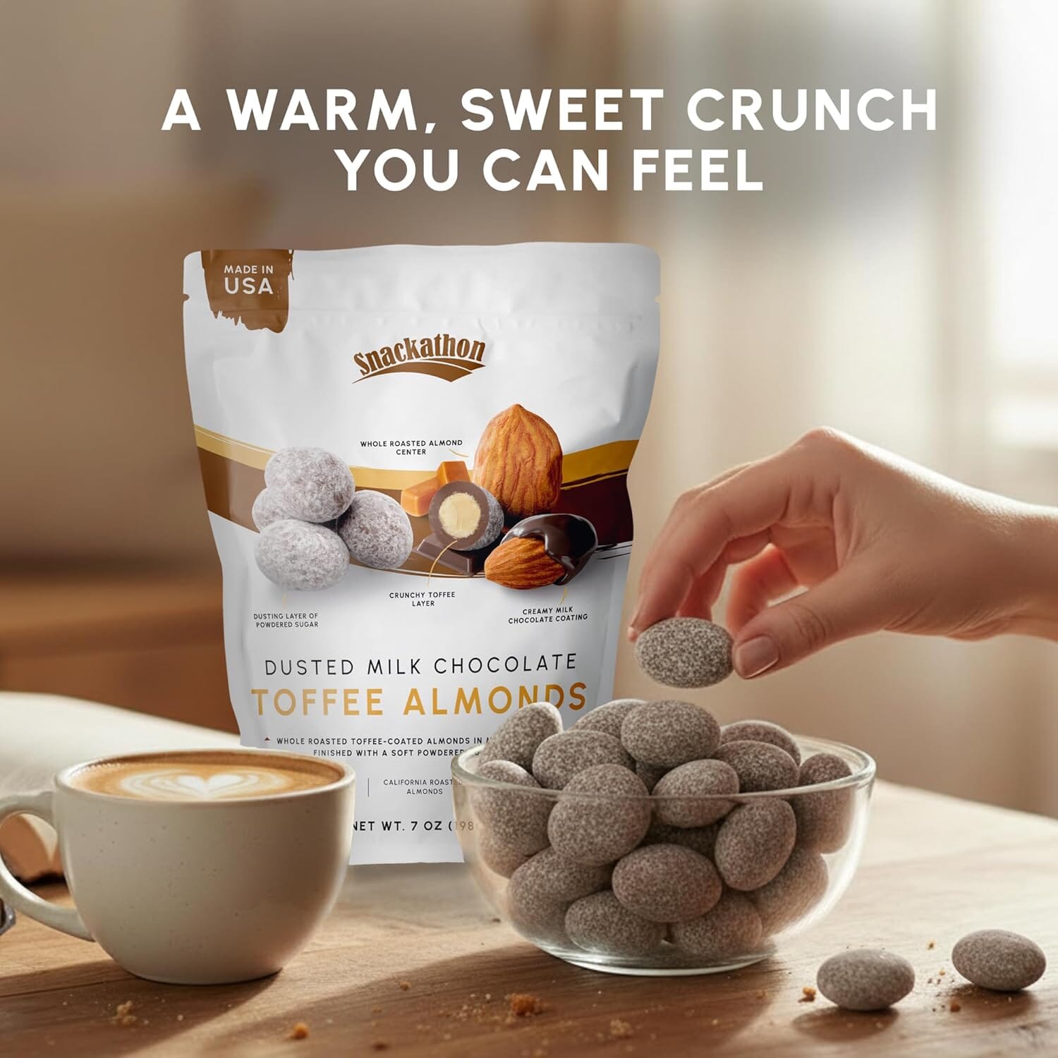 Snackathon Dusted Toffee Milk Chocolate Covered Almonds, 17.6 oz Resealable Bag Snackathon Foods 