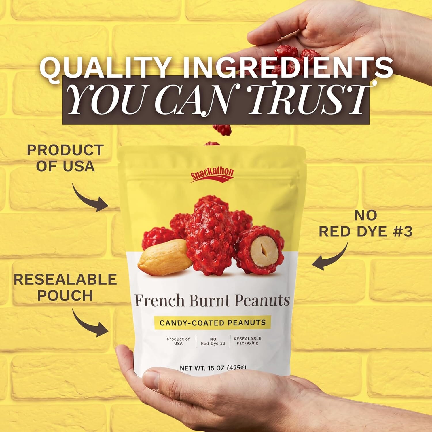 Snackathon French Burnt Peanuts, 15 oz – Classic Red Candy Coated Peanuts in Resealable Bag, Old Fashioned Sweet & Crunchy Snack, Made in USA, Great for Snacking & Sharing Snackathon 