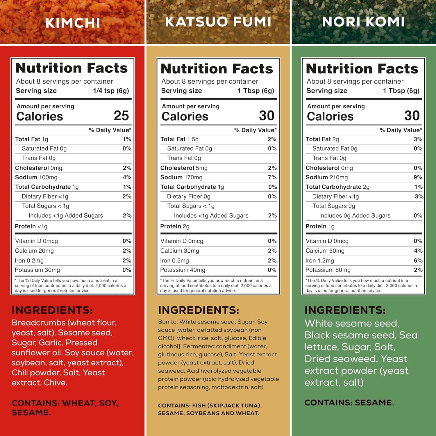 Snackathon Furikake Rice Seasoning, 3-Flavor Bundle (Nori Komi, Katsuo Fumi, Kimchi Flavored) Snackathon 