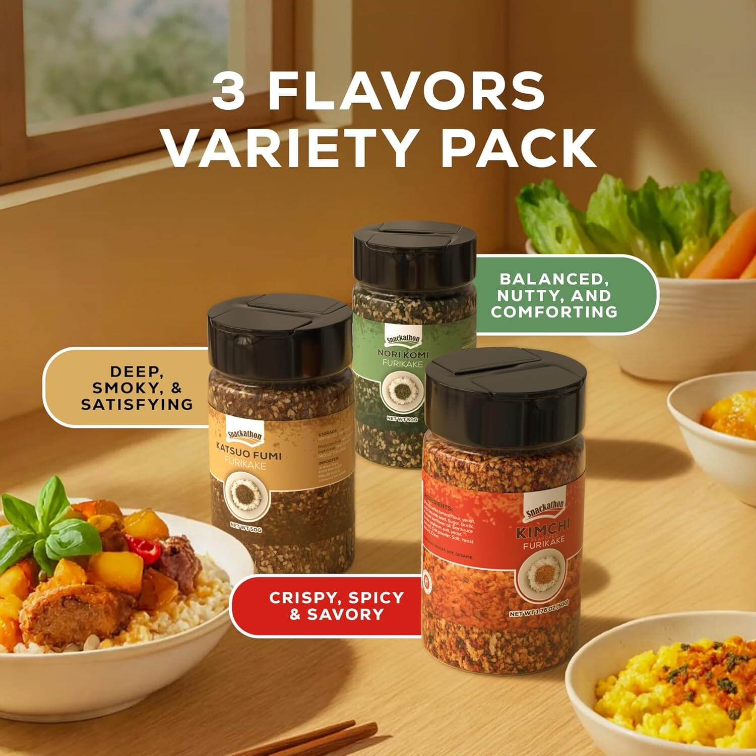 Snackathon Furikake Rice Seasoning, 3-Flavor Bundle (Nori Komi, Katsuo Fumi, Kimchi Flavored) Snackathon 