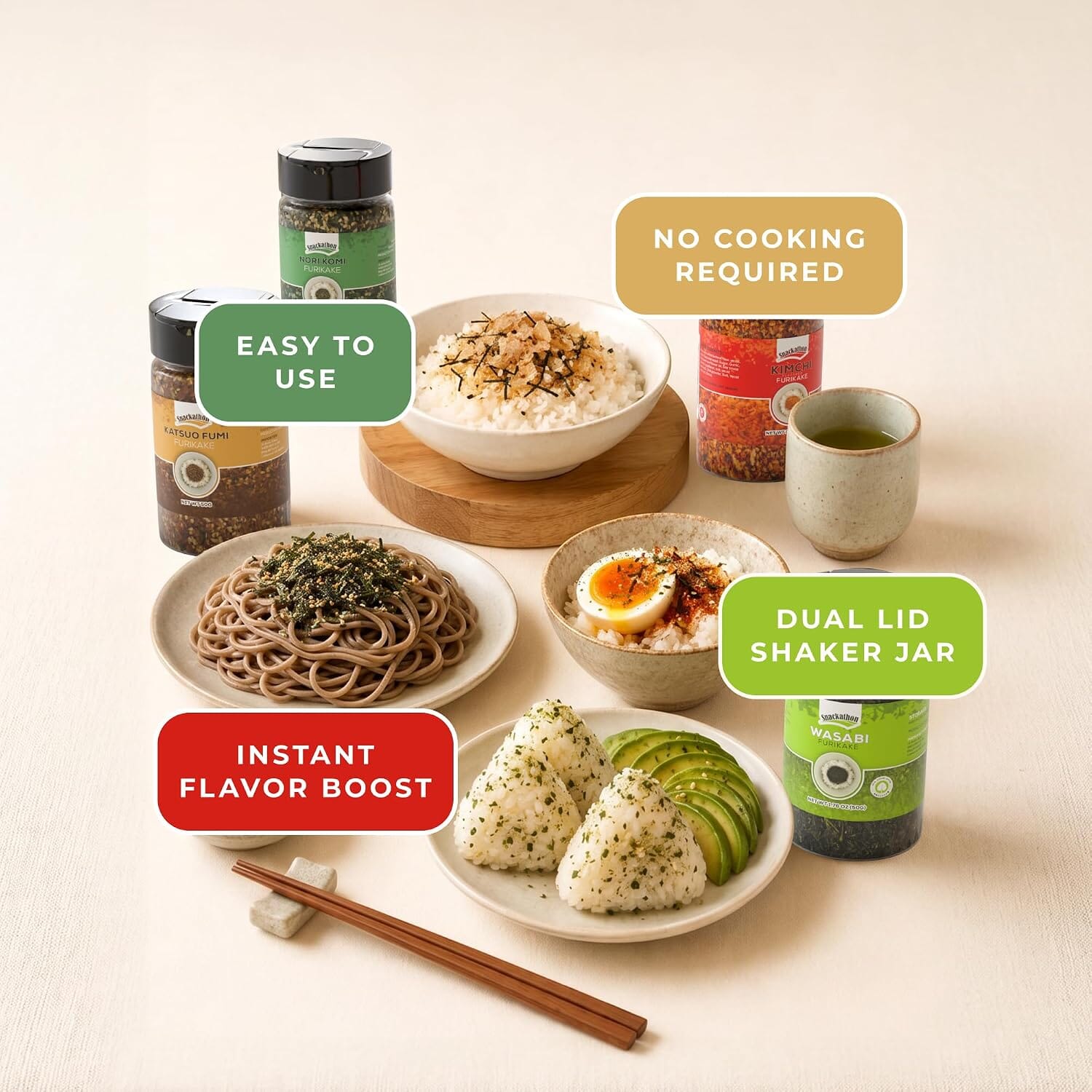 Snackathon Furikake Rice Seasoning 4 Variety Pack, Nori Komi, Katsuo Fumi, Kimchi & Wasabi Flavors, 1.76 oz (Pack of 4) Snackathon 