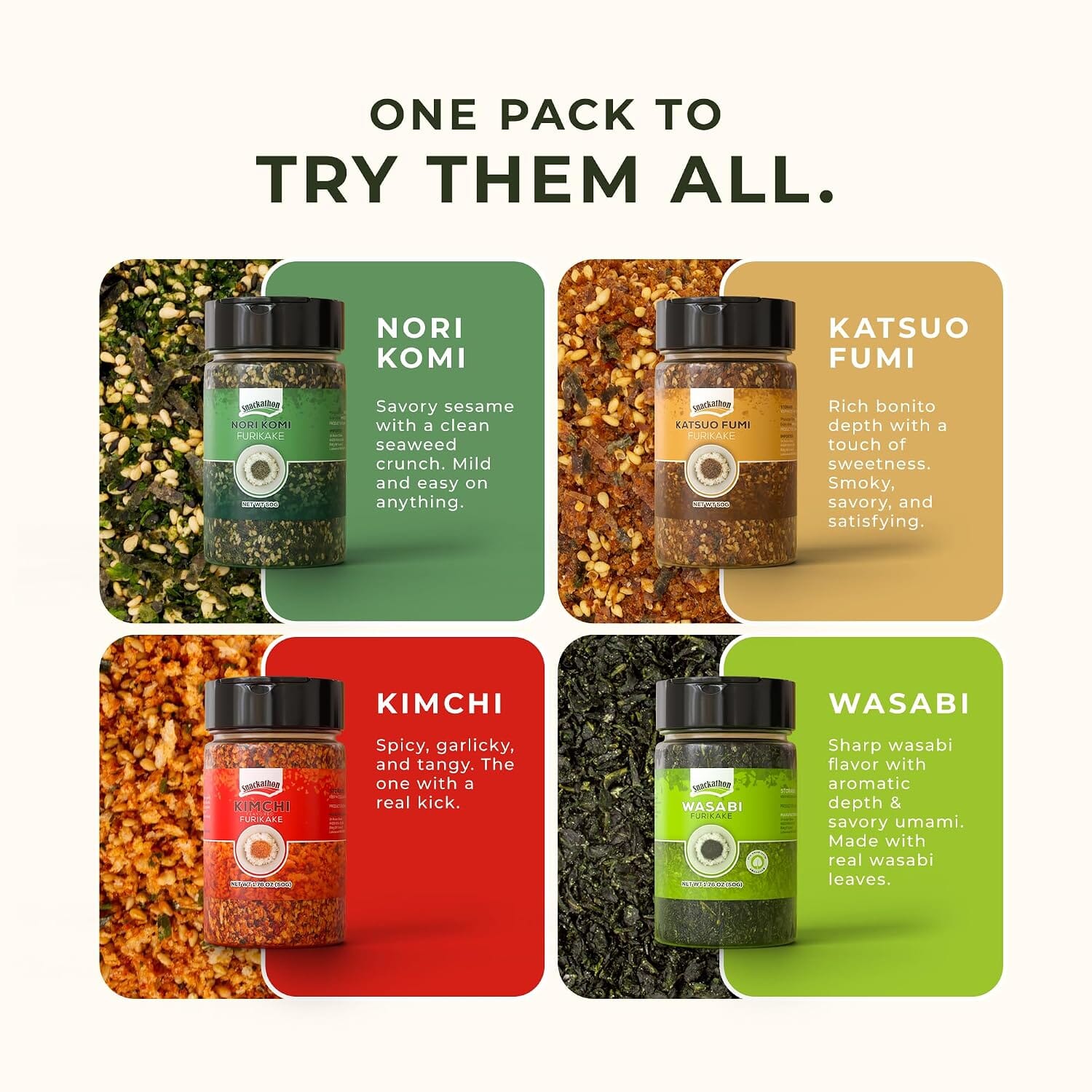 Snackathon Furikake Rice Seasoning 4 Variety Pack, Nori Komi, Katsuo Fumi, Kimchi & Wasabi Flavors, 1.76 oz (Pack of 4) Snackathon 