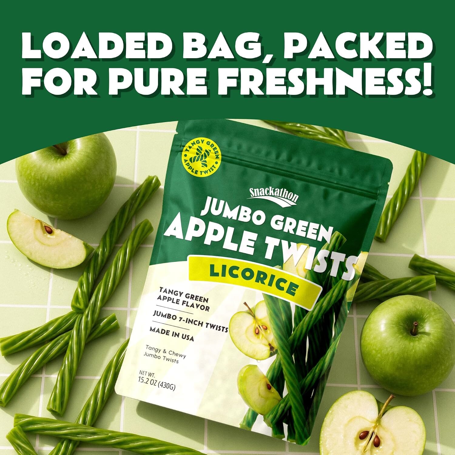 Snackathon Green Apple Licorice Twists, 15.2 oz, Jumbo Chewy Licorice Candy, 7-inch Big Licorice Sticks, Fruity Green Apple Flavor, Old Fashioned Fruit Twists, Made in USA, Resealable Bag Snackathon 