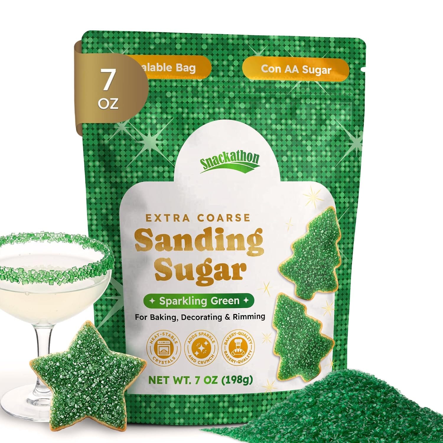 Snackathon Green Sanding Sugar, 7 oz, Extra Coarse for Baking & Decorating Green Shimmering Crystals Snackathon Green 7 Ounce 