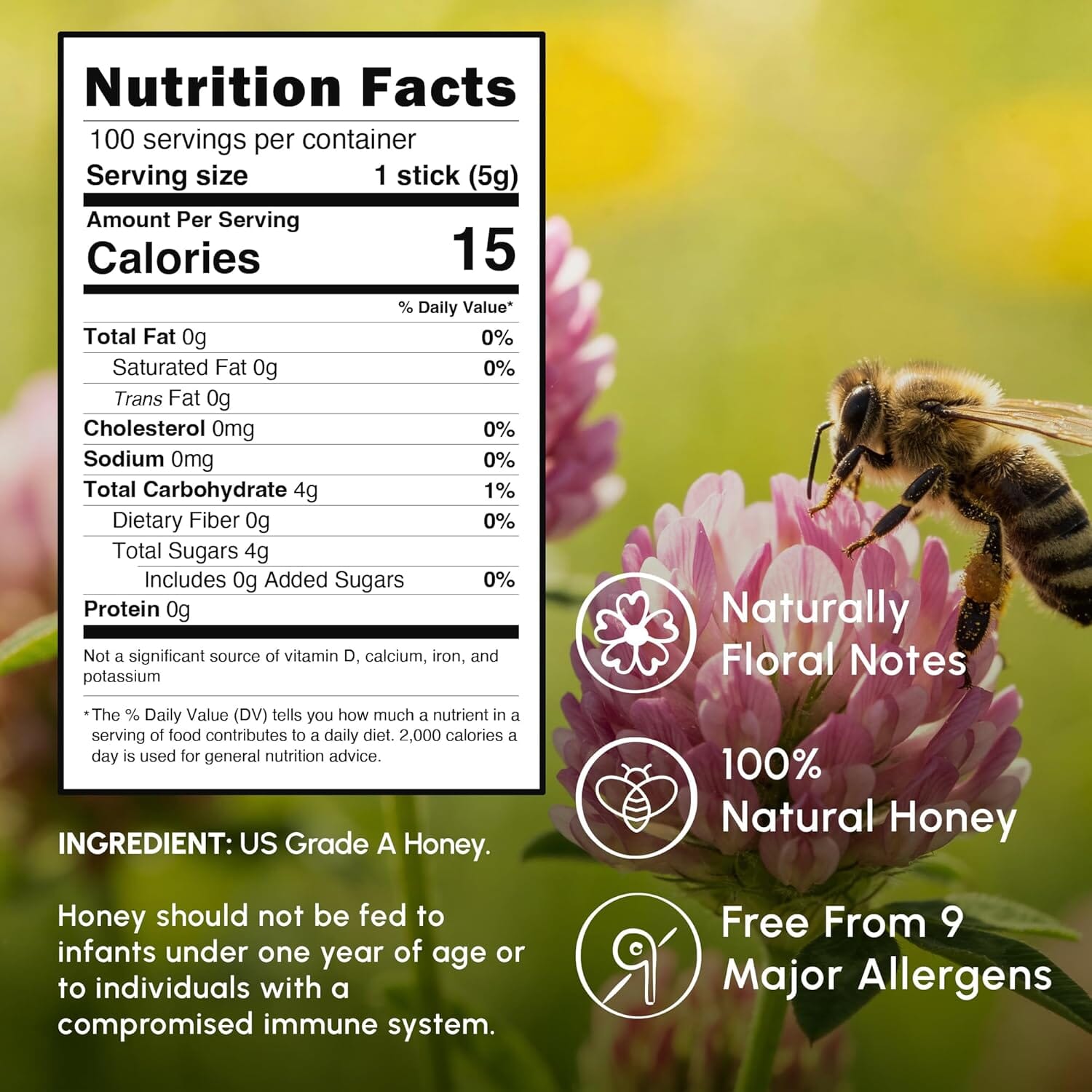 Snackathon Honey Sticks, Clover Blossom Pure Honey, 100 Count Bulk, Made in USA Snackathon Foods 