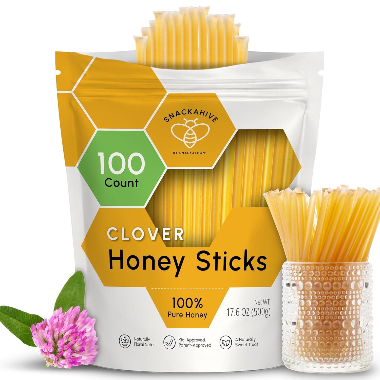 Snackathon Honey Sticks, Clover Blossom Pure Honey, 100 Count Bulk, Made in USA Snackathon Foods 