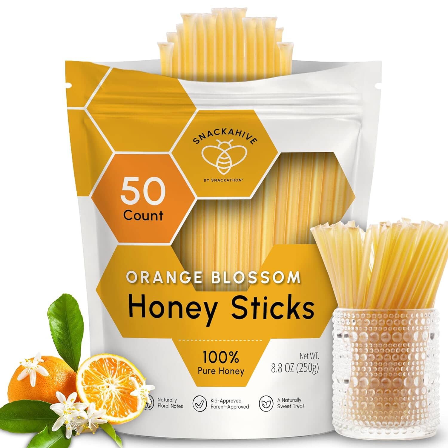 Snackathon Honey Sticks, Orange Blossom Pure Honey, Made in USA Snackathon 50 Count 