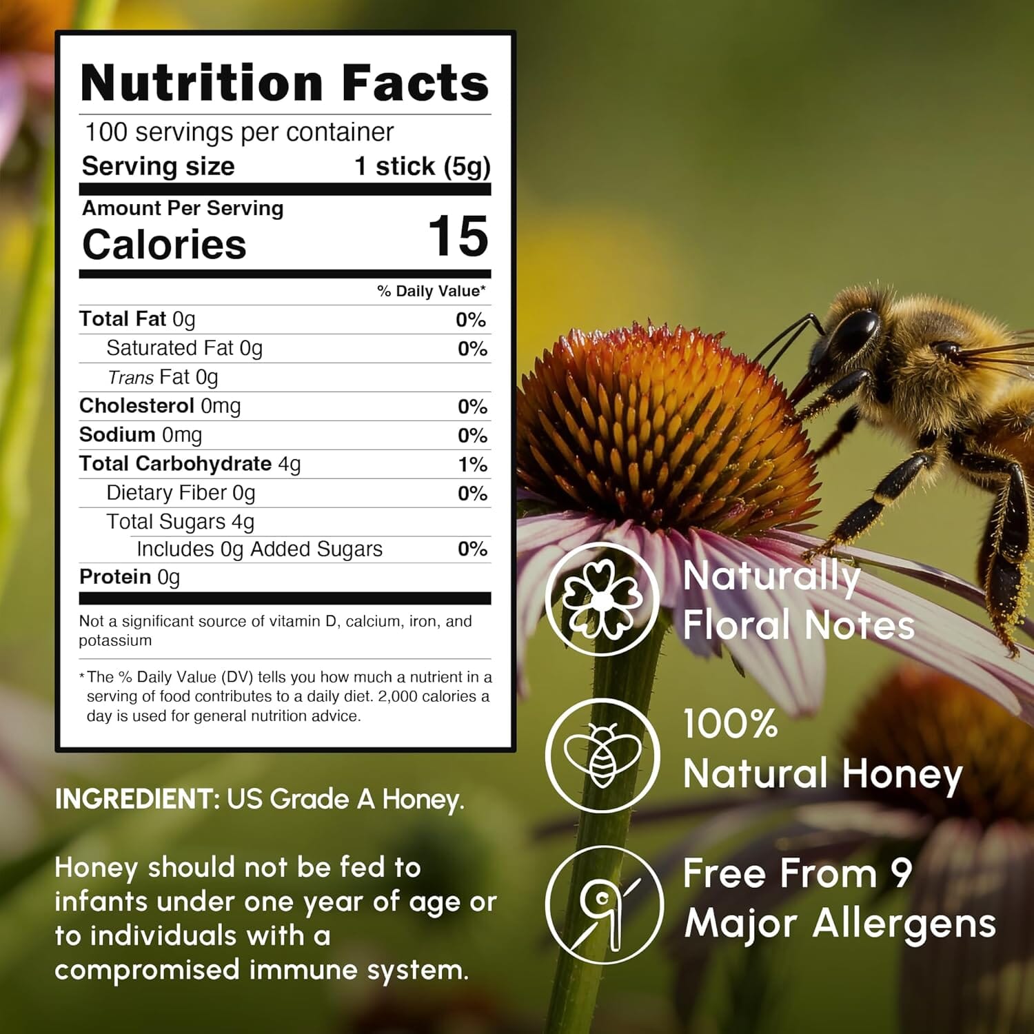 Snackathon Honey Sticks, Wildflower Blossom Pure Honey, 100 Count Bulk, Made in USA Snackathon Foods 