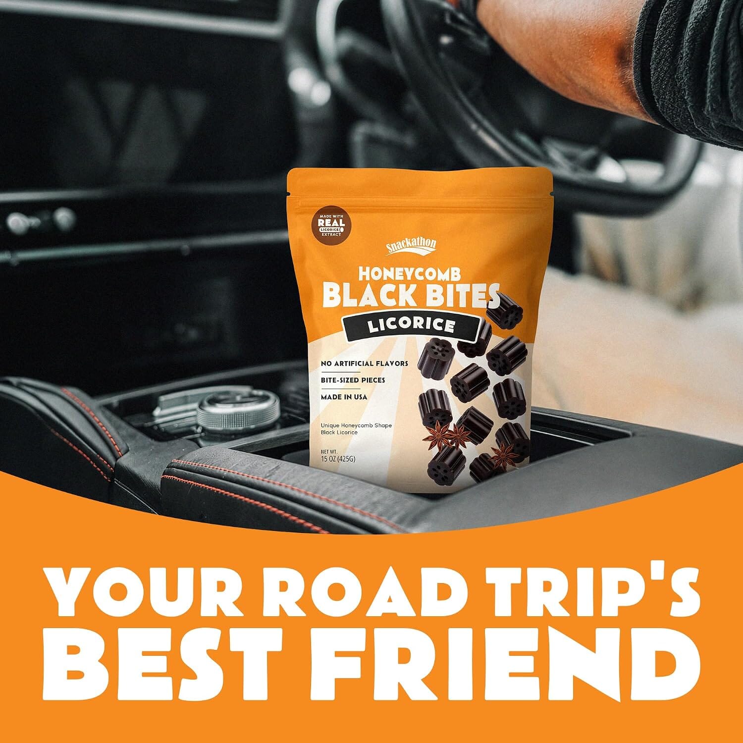 Snackathon Honeycomb Black Licorice Bites, 15 oz Resealable Bag, Old-Fashioned Chewy Black Licorice Nibs, Made in USA, No Artificial Flavors, Classic Treat for Snacking, Candy Jars & Sharing Snackathon 