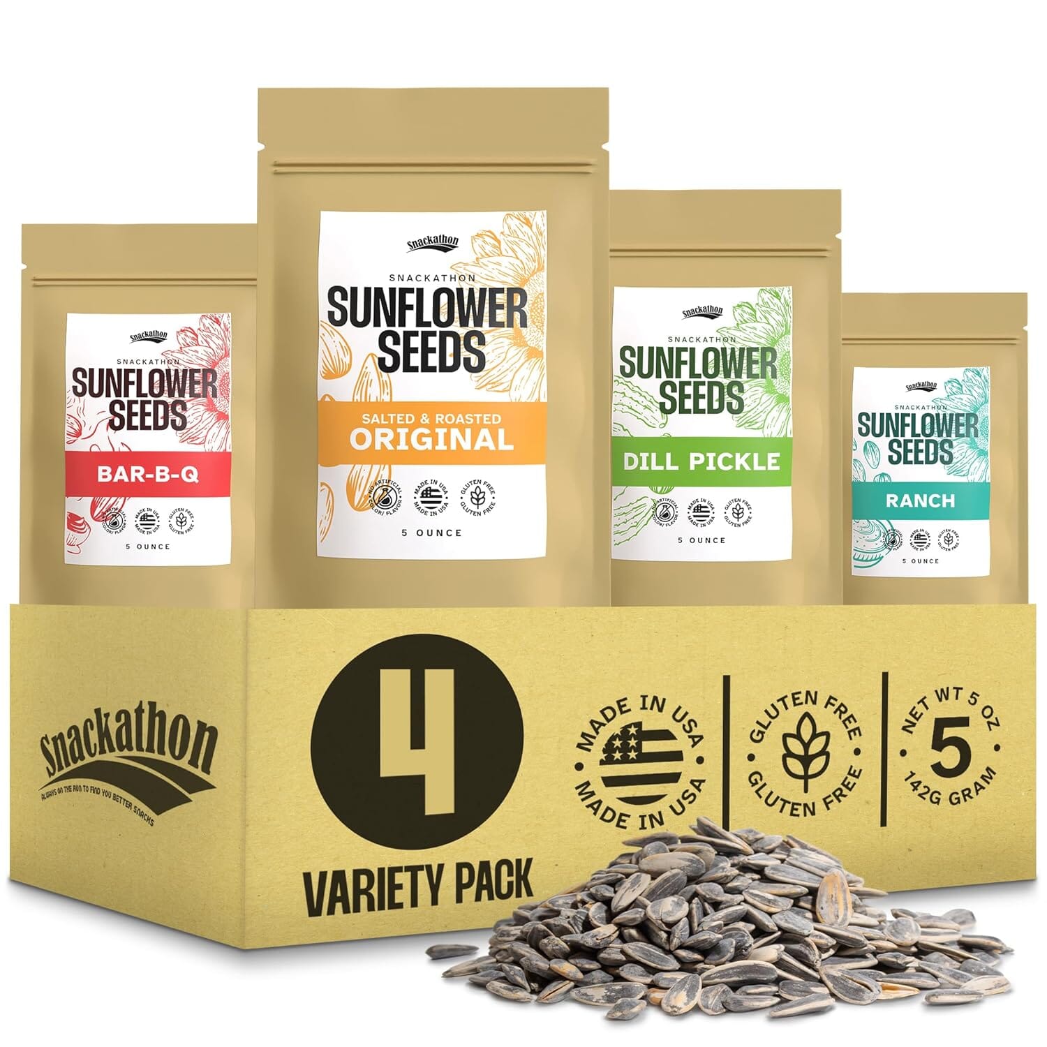 Snackathon In-Shell Roasted Sunflower Seeds – 4 Flavor Variety Pack (Original, Ranch, BBQ, Dill Pickle), 4 Resealable Bags, Premium Snack Snackathon 