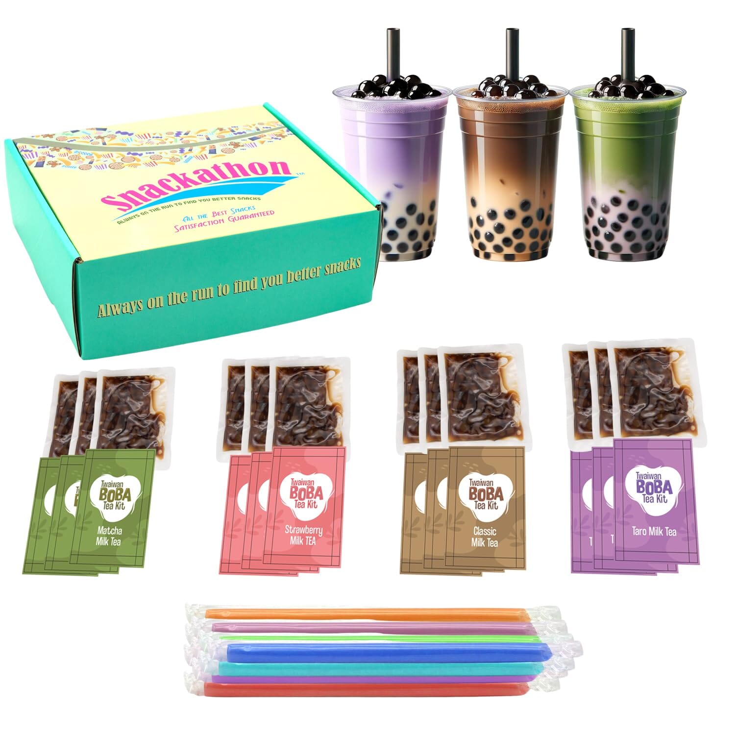 Snackathon Instant Bubble Pearl Variety Milk Fruity Tea Kit with Authentic Brown Sugar Caramel Tapioca, Ready in Under One Minute, Straws Included - Gift Box Snackathon 4 Flavors 12 Servings 