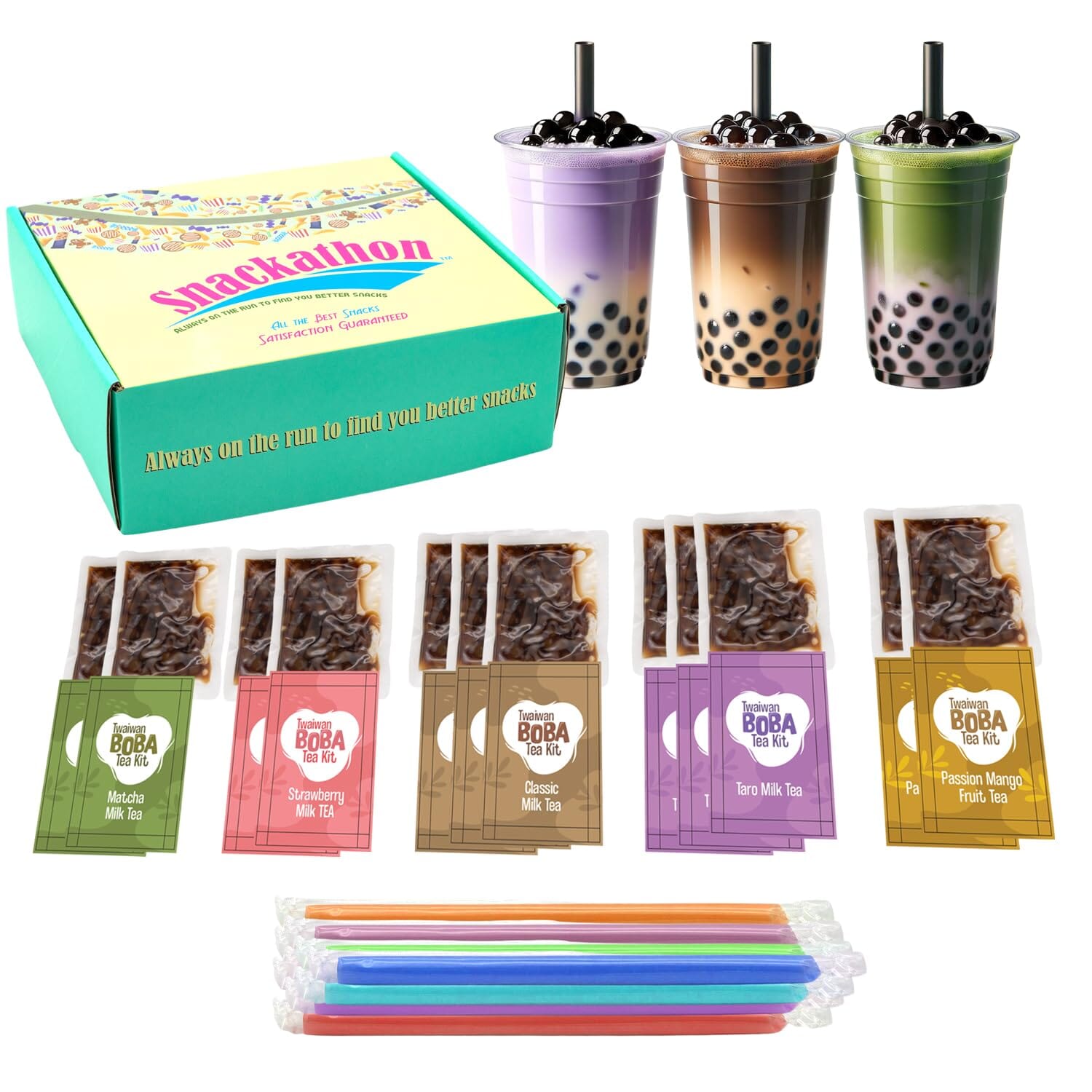 Snackathon Instant Bubble Pearl Variety Milk Fruity Tea Kit with Authentic Brown Sugar Caramel Tapioca, Ready in Under One Minute, Straws Included - Gift Box Snackathon 5 Flavors 12 Servings 