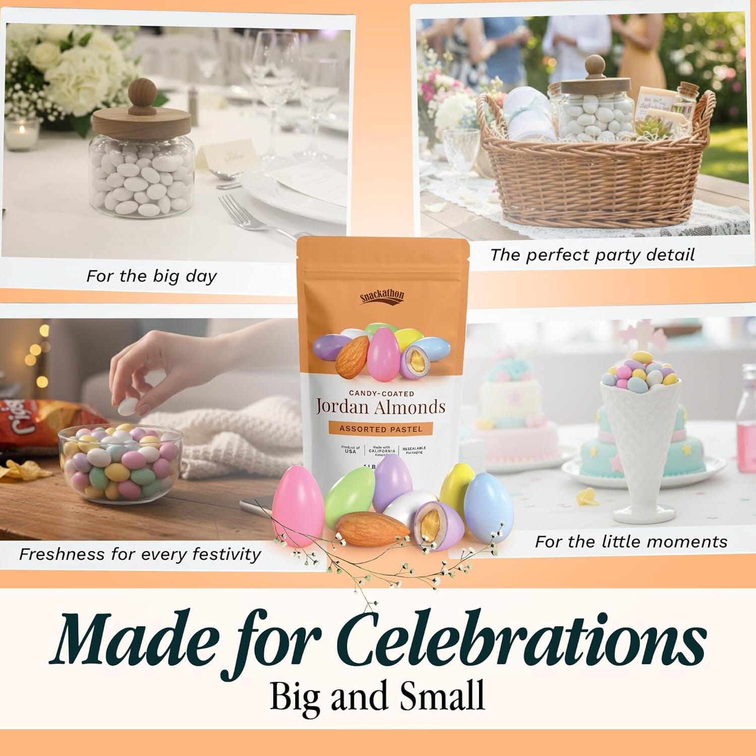 Snackathon Jordan Almonds, Assorted Pastel Candy-Coated Almonds, 1 LB Resealable Bag Snackathon 