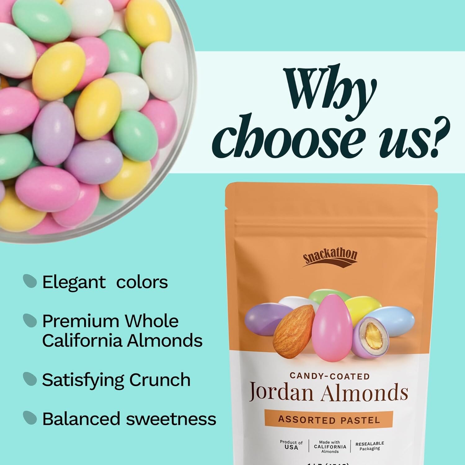 Snackathon Jordan Almonds, Assorted Pastel Candy-Coated Almonds, 1 LB Resealable Bag Snackathon 