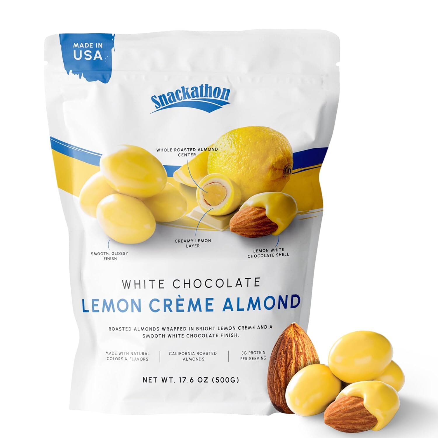 Snackathon Lemon Creme White Chocolate Covered Almonds, 17.6 oz Resealable Bag Snackathon Foods 