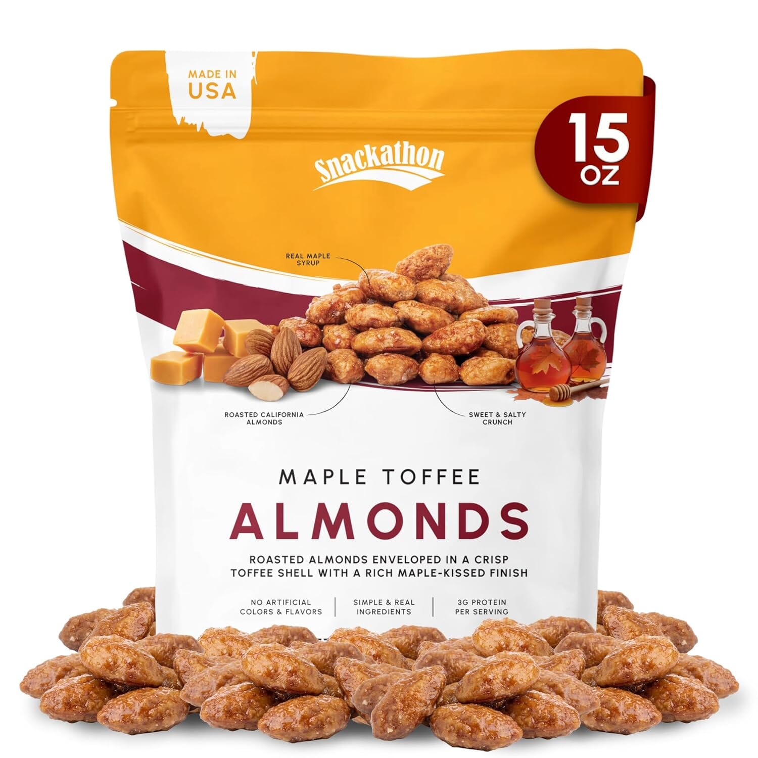 Snackathon Maple Toffee Almonds, Resealable Bag Snackathon 15 Ounce 