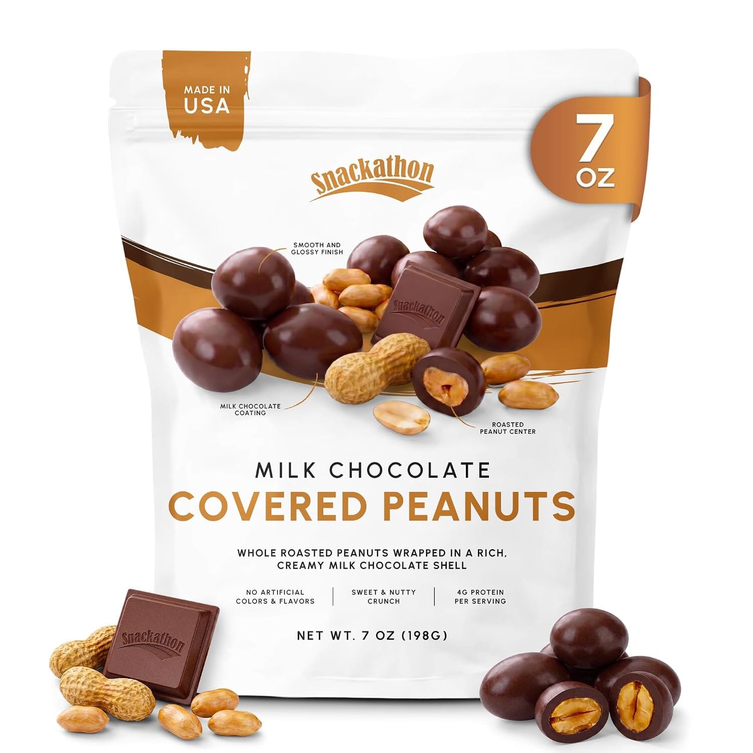 Snackathon Milk Chocolate Covered Peanuts, Crunchy & Creamy Chocolate Coated Peanuts Snackathon Milk Chocolate 7 Ounce 
