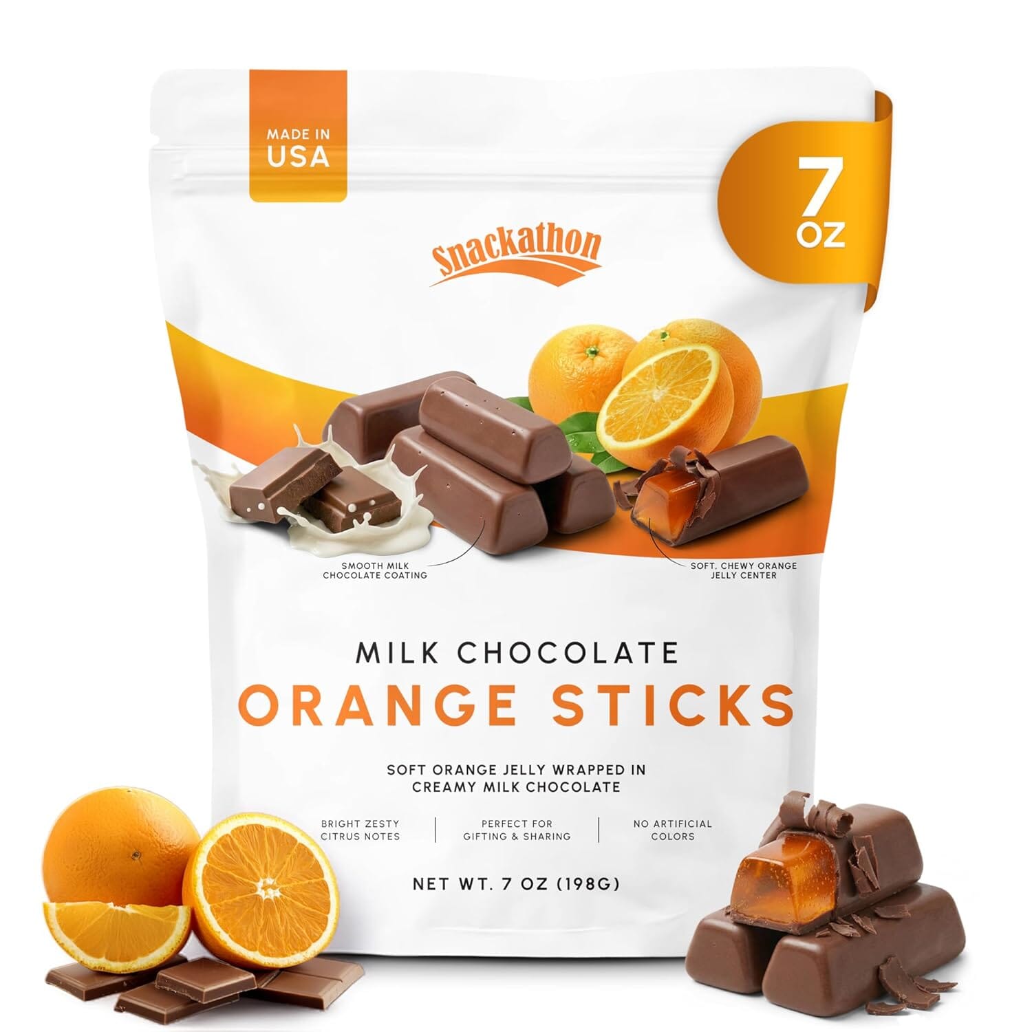 Snackathon Milk Chocolate Orange Sticks, Resealable Bag Snackathon 7 Ounce 