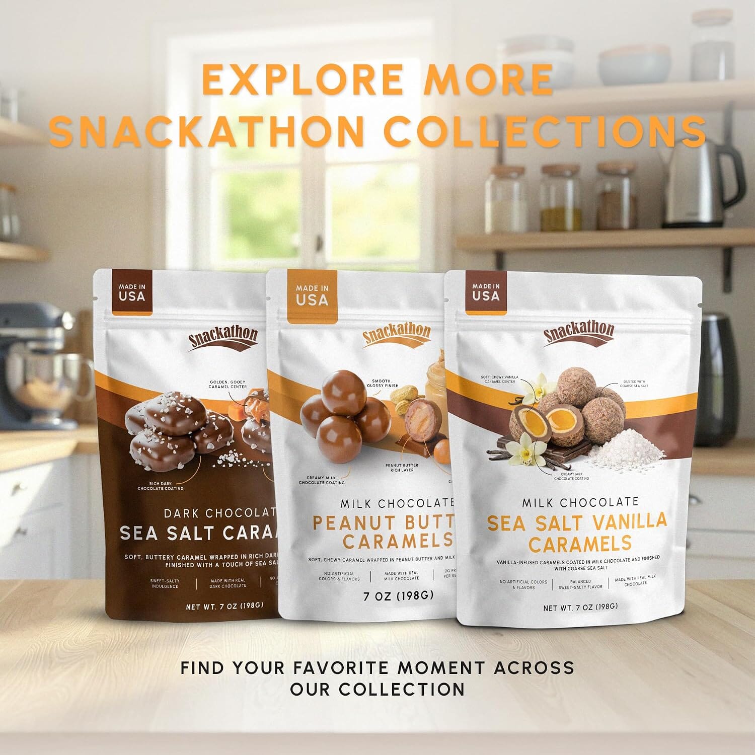 Snackathon Milk Chocolate Sea Salt Vanilla Caramels, Vanilla Infused Chocolate Covered Gourmet Candy Snackathon 