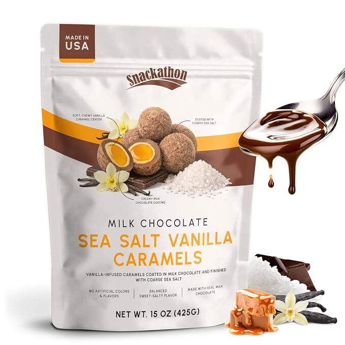 Snackathon Milk Chocolate Sea Salt Vanilla Caramels, Vanilla Infused Chocolate Covered Gourmet Candy Snackathon Milk Chocolate Caramels 15 Ounce 