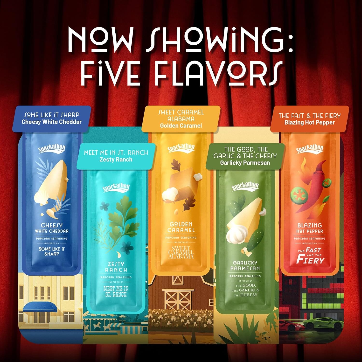 Snackathon Movie Night Popcorn Gift Set, 4 Gourmet Kernels & 5 Seasonings 16 pcs Movie Night Gift Basket, Non-GMO Gourmet Popcorn Varieties, Gift Kit for Family Date Night & Housewarming, Made in USA Snackathon 