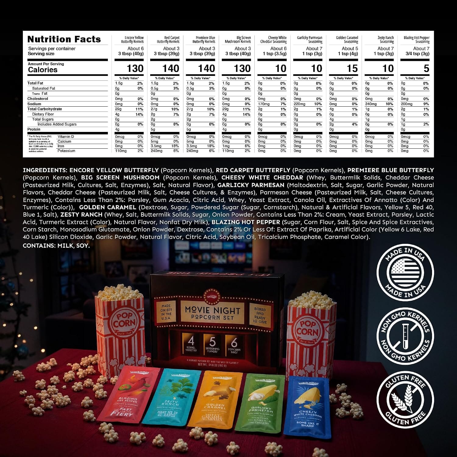 Snackathon Movie Night Popcorn Gift Set, 4 Gourmet Kernels & 5 Seasonings 16 pcs Movie Night Gift Basket, Non-GMO Gourmet Popcorn Varieties, Gift Kit for Family Date Night & Housewarming, Made in USA Snackathon 