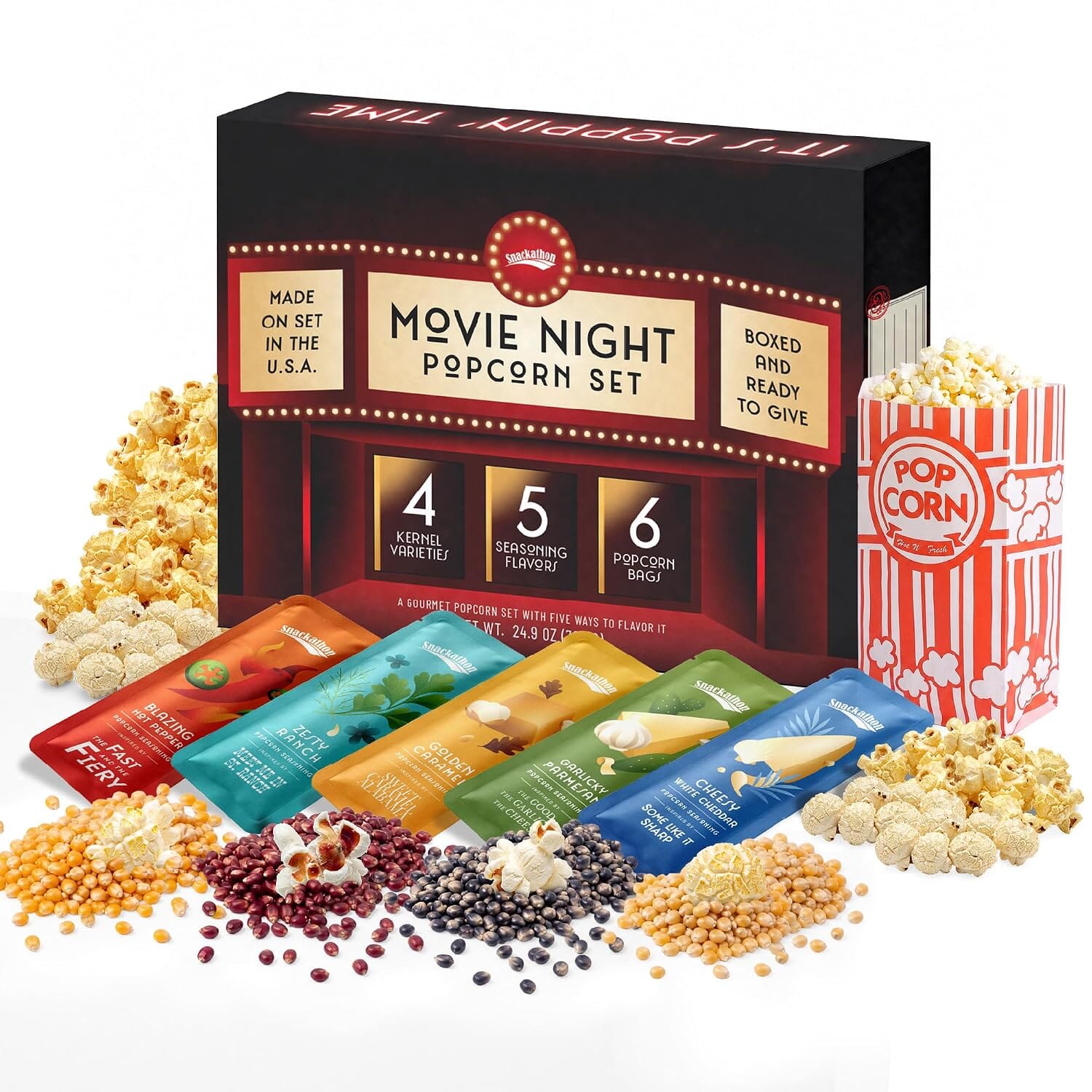 Snackathon Movie Night Popcorn Gift Set, 4 Gourmet Kernels & 5 Seasonings Snackathon Movie Night 24.9 Ounce (Pack of 1) 