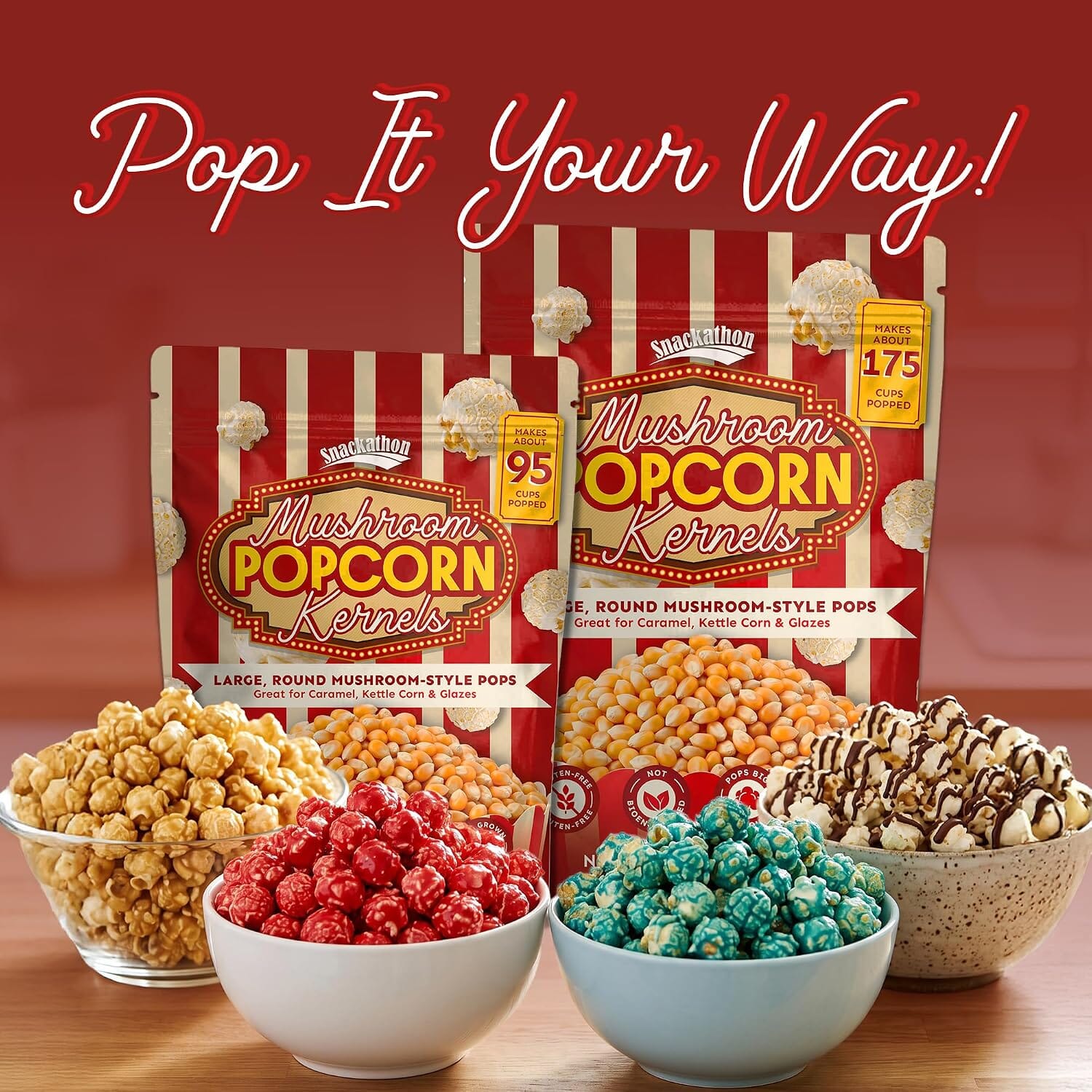 Snackathon Mushroom Popcorn Kernels, for Caramel & Kettle Corn Bulk Non-GMO, Gluten-Free Gourmet Popping Corn, USA Grown Kernels, Pops Ball-Shaped, Large & Round Snackathon 