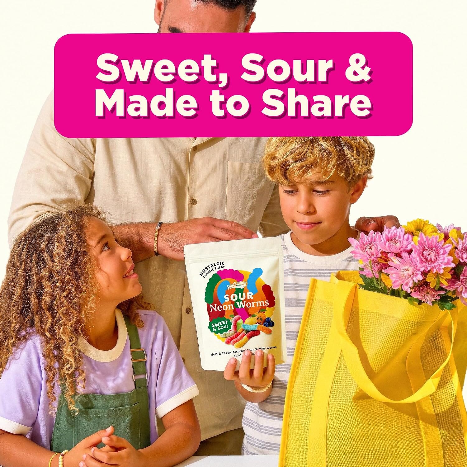 Snackathon Neon Sour Gummy Worms Candy, Soft & Chewy Sour Worms, Colorful Sweet & Sour Gummy Candy in Assorted Fruit Flavors, Resealable Bag for Snacking & Sharing Snackathon 