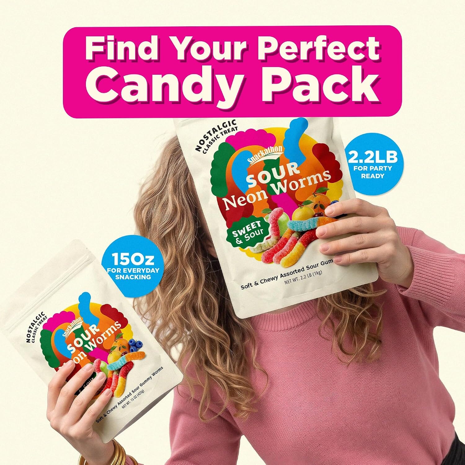 Snackathon Neon Sour Gummy Worms, Soft & Chewy Sour Candy in Assorted Fruit Flavors Snackathon 